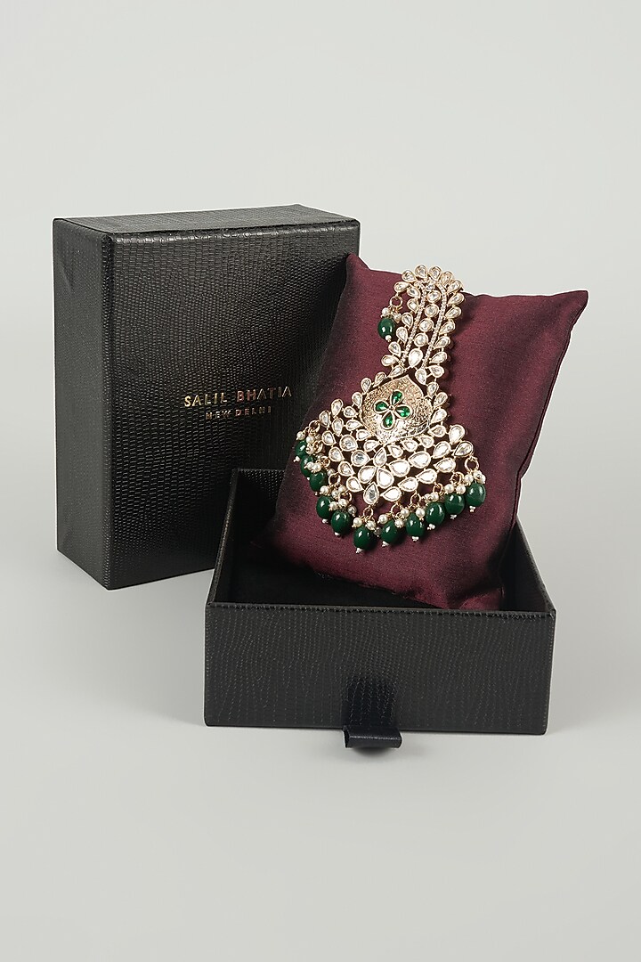 Gold Finish Kundan Polki & Green Pearl Feather Kalangi by SALIL BHATIA at Pernia's Pop Up Shop