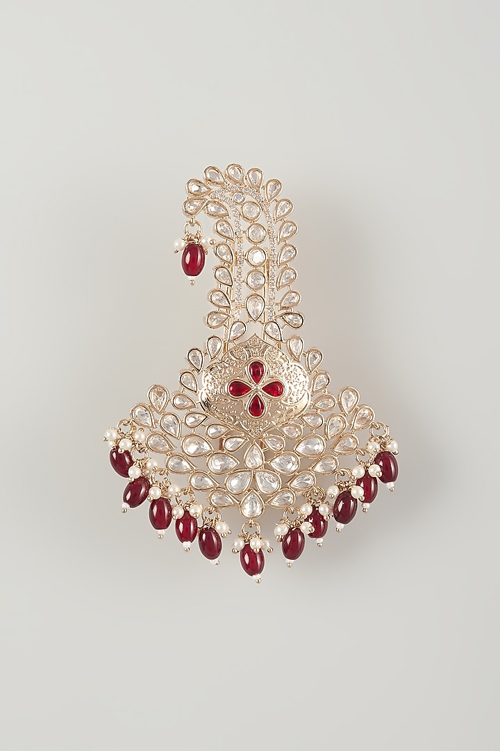 Gold Finish Kundan Polki & Wine Pearl Feather Kalangi by SALIL BHATIA at Pernia's Pop Up Shop