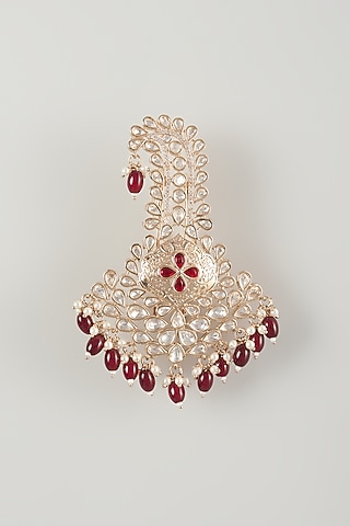 Gold Finish Kundan Polki & Wine Pearl Feather Kalangi by SALIL BHATIA