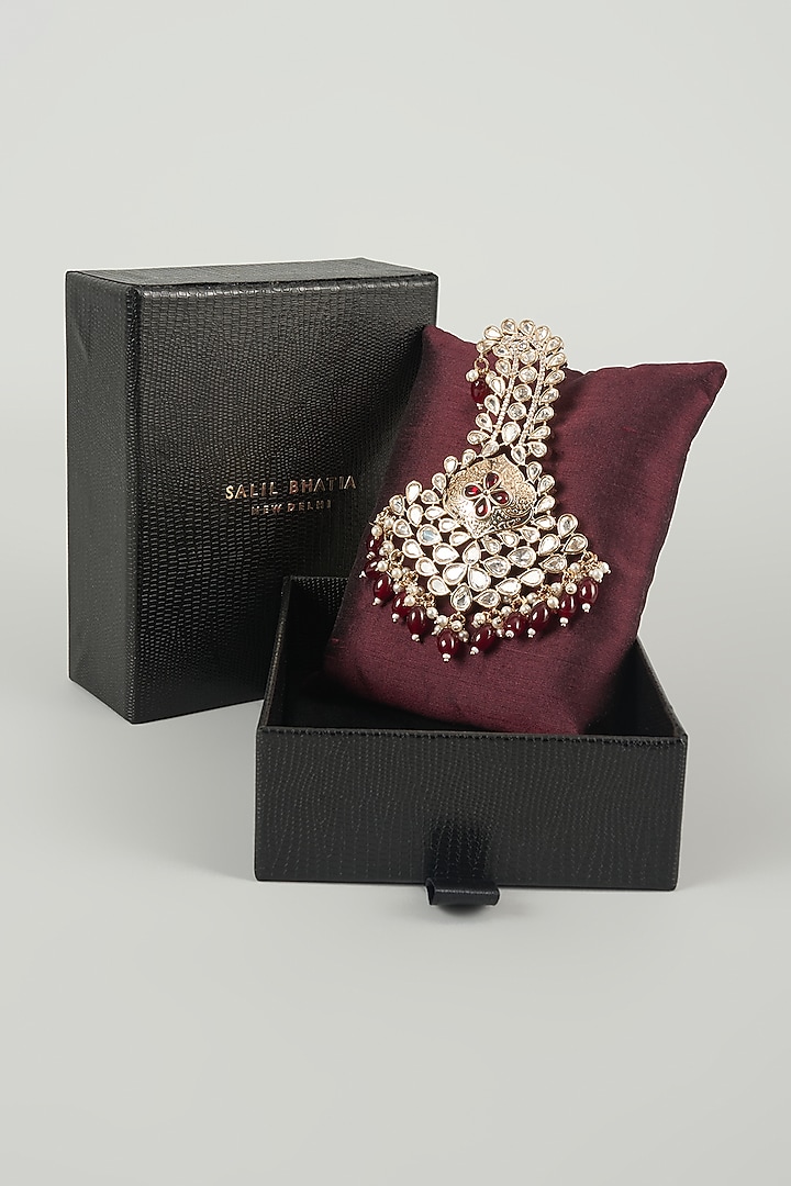 Gold Finish Kundan Polki & Wine Pearl Feather Kalangi by SALIL BHATIA at Pernia's Pop Up Shop