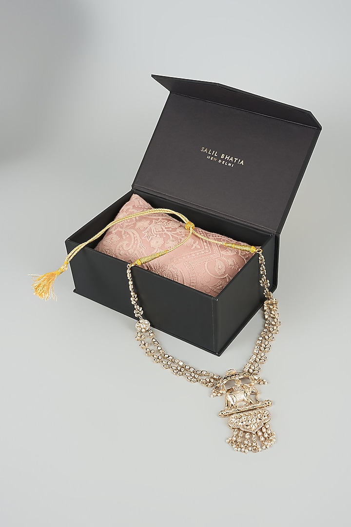 Gold Finish Pearl & Crystal Layered Mala by SALIL BHATIA at Pernia's Pop Up Shop