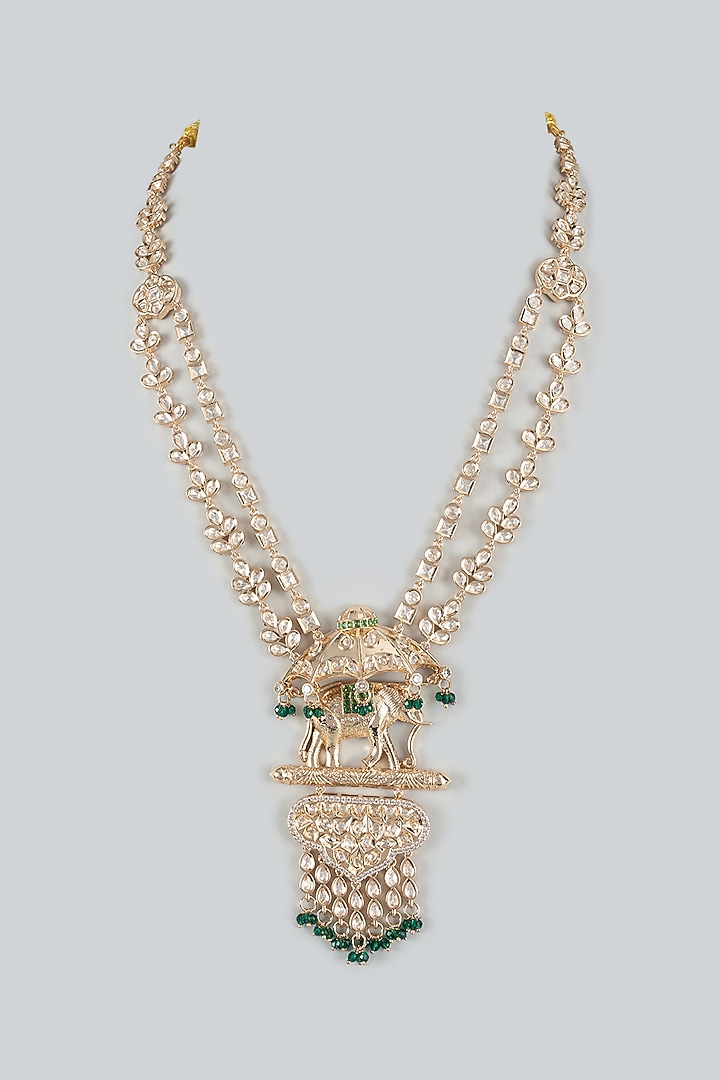 Gold Finish Emerald Bead & Crystal Layered Mala by SALIL BHATIA at Pernia's Pop Up Shop