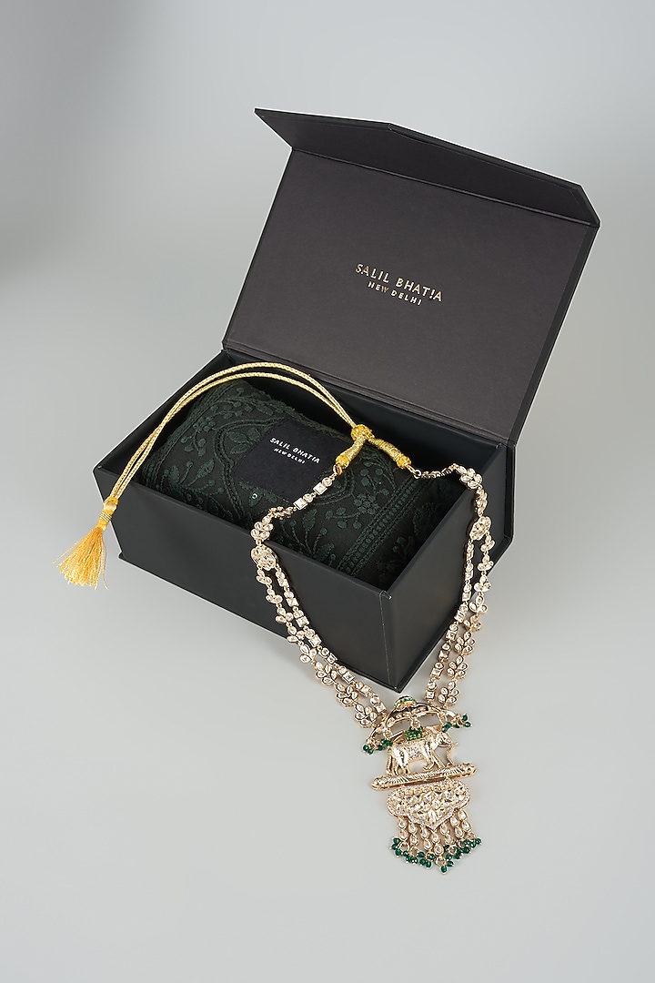 Gold Finish Emerald Bead & Crystal Layered Mala by SALIL BHATIA at Pernia's Pop Up Shop