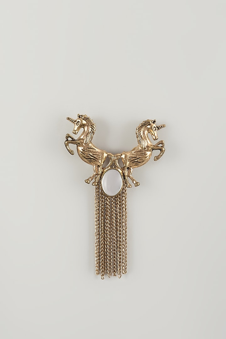 Gold Finish Embellished Unicorn Crest Brooch by SALIL BHATIA at Pernia's Pop Up Shop