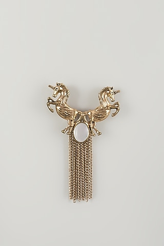Gold Finish Embellished Unicorn Crest Brooch by SALIL BHATIA