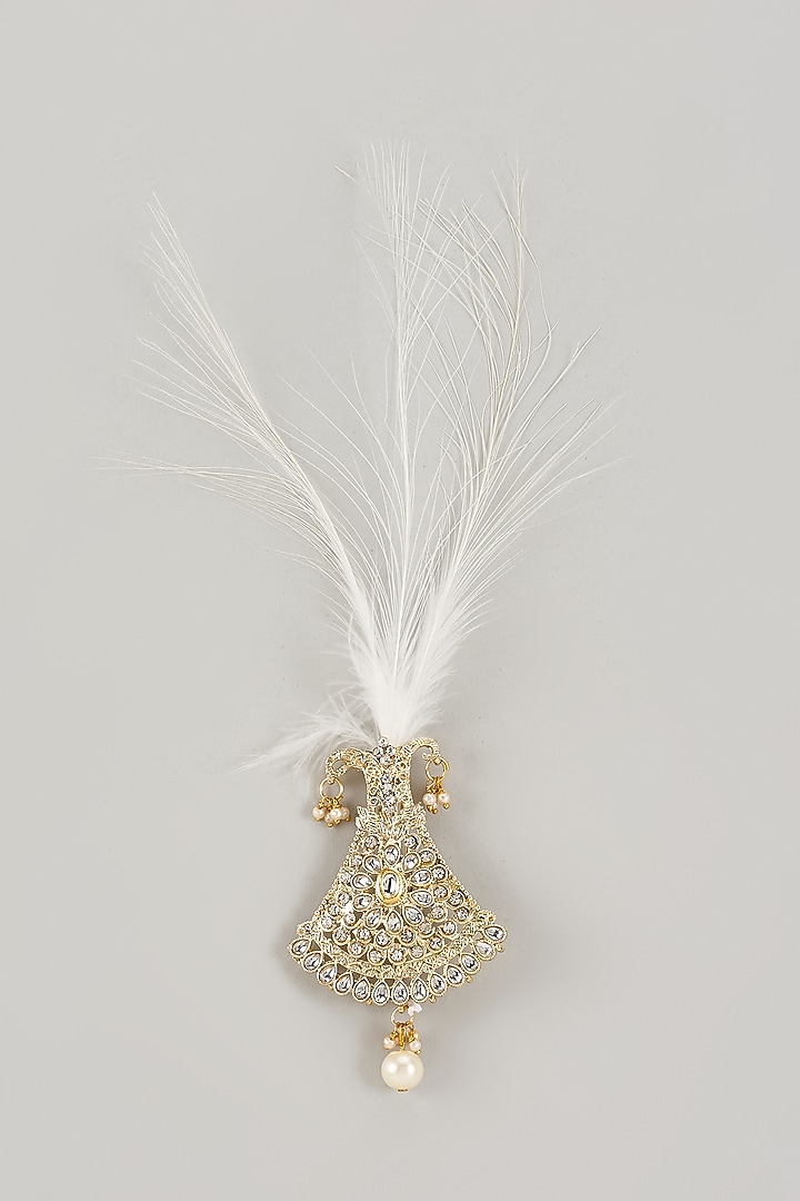 Soft Gold Semi-Precious Kundan & Pearl Feather Kalangi by SALIL BHATIA at Pernia's Pop Up Shop