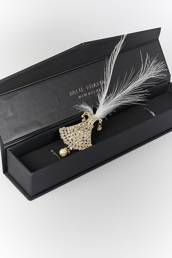 Soft Gold Semi-Precious Kundan & Pearl Feather Kalangi by SALIL BHATIA at Pernia's Pop Up Shop