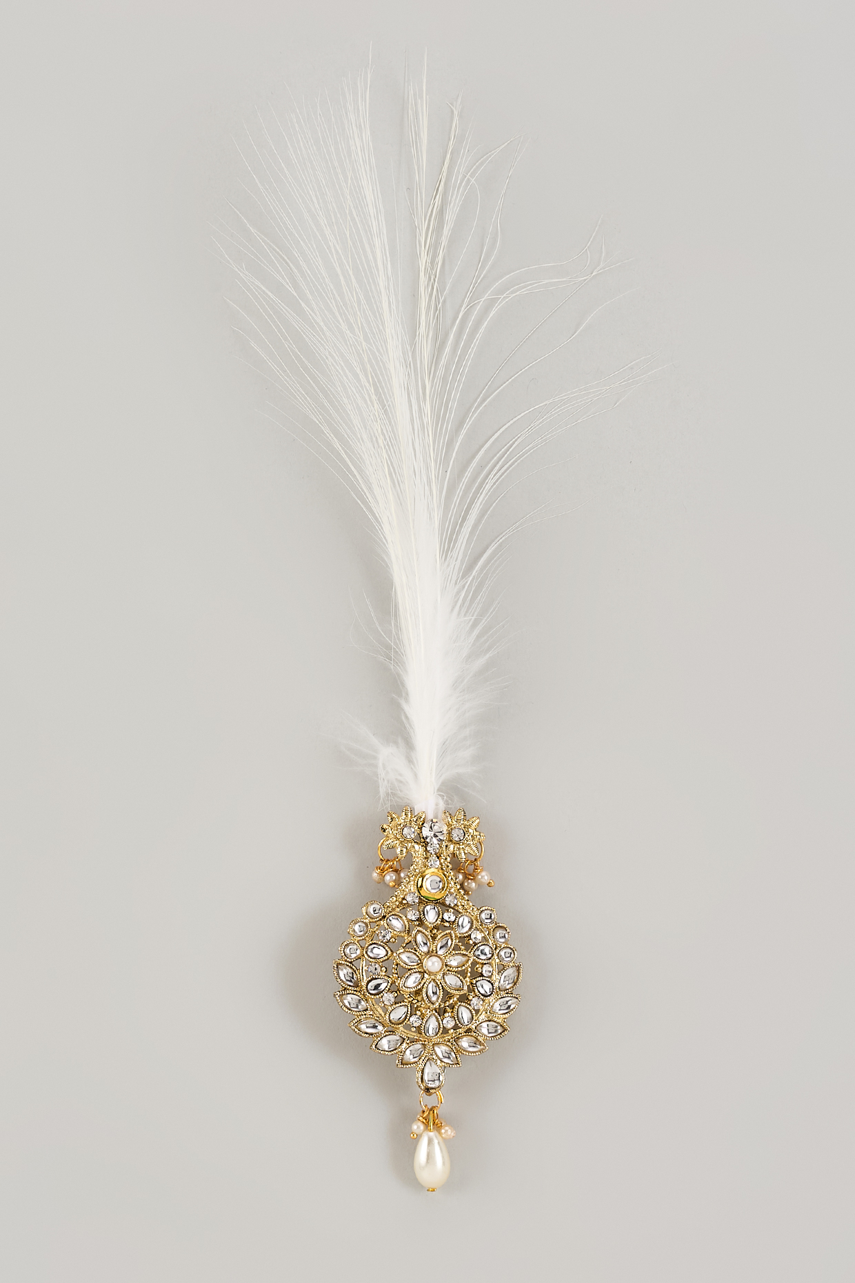 Soft Gold Semi-Precious Kundan & Pearl Feather Kalangi by SALIL BHATIA