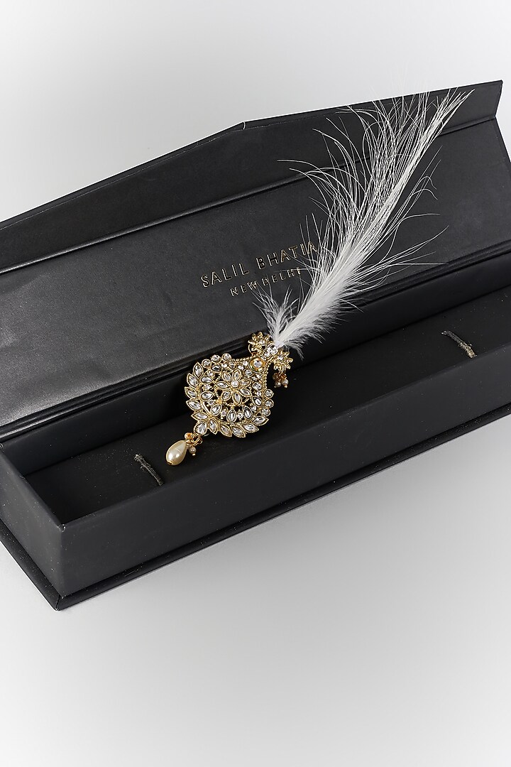 Soft Gold Semi-Precious Kundan & Pearl Feather Kalangi by SALIL BHATIA at Pernia's Pop Up Shop