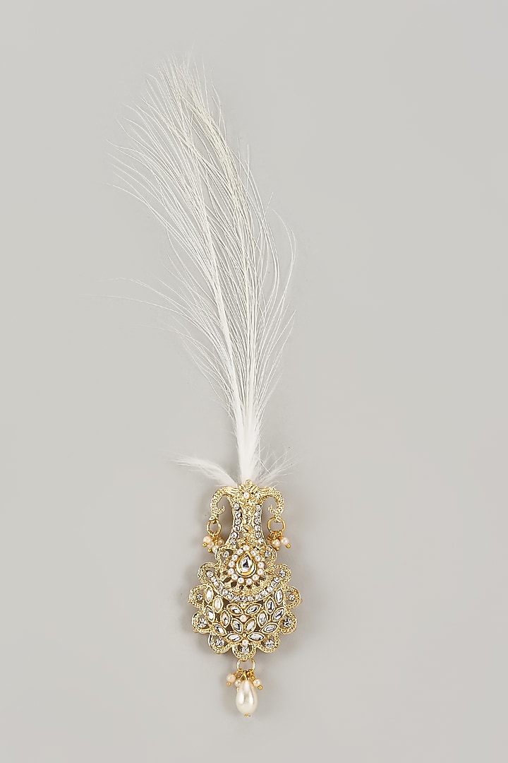 Soft Gold Semi-Precious Kundan & Pearl Feather Kalangi by SALIL BHATIA at Pernia's Pop Up Shop