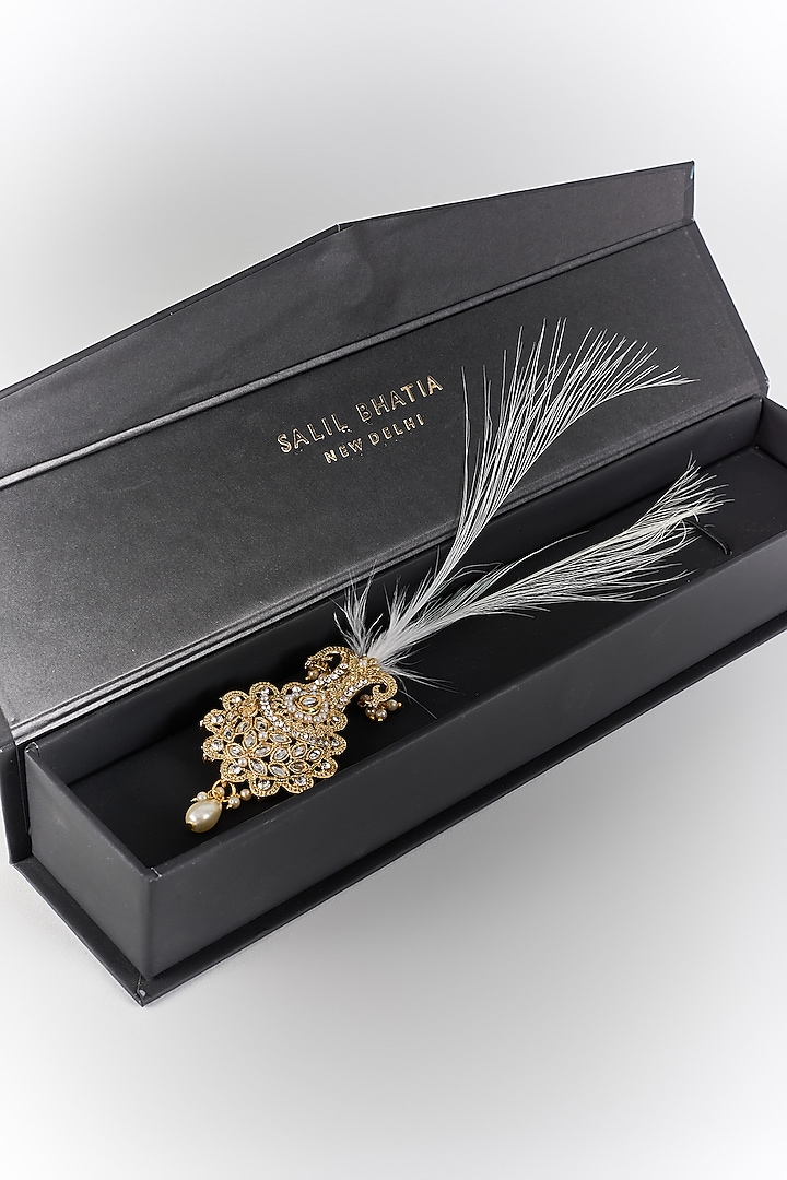Soft Gold Semi-Precious Kundan & Pearl Feather Kalangi by SALIL BHATIA at Pernia's Pop Up Shop