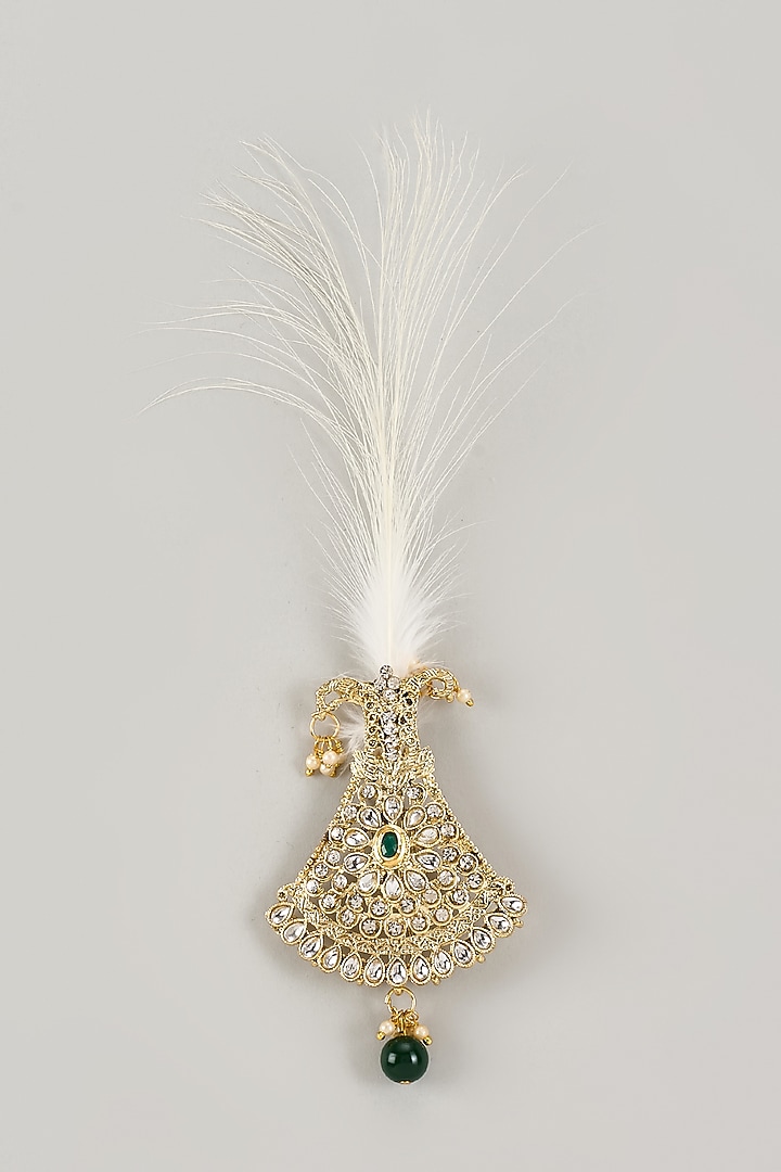 Soft Gold Semi-Precious Kundan & Pearl Feather Kalangi by SALIL BHATIA at Pernia's Pop Up Shop