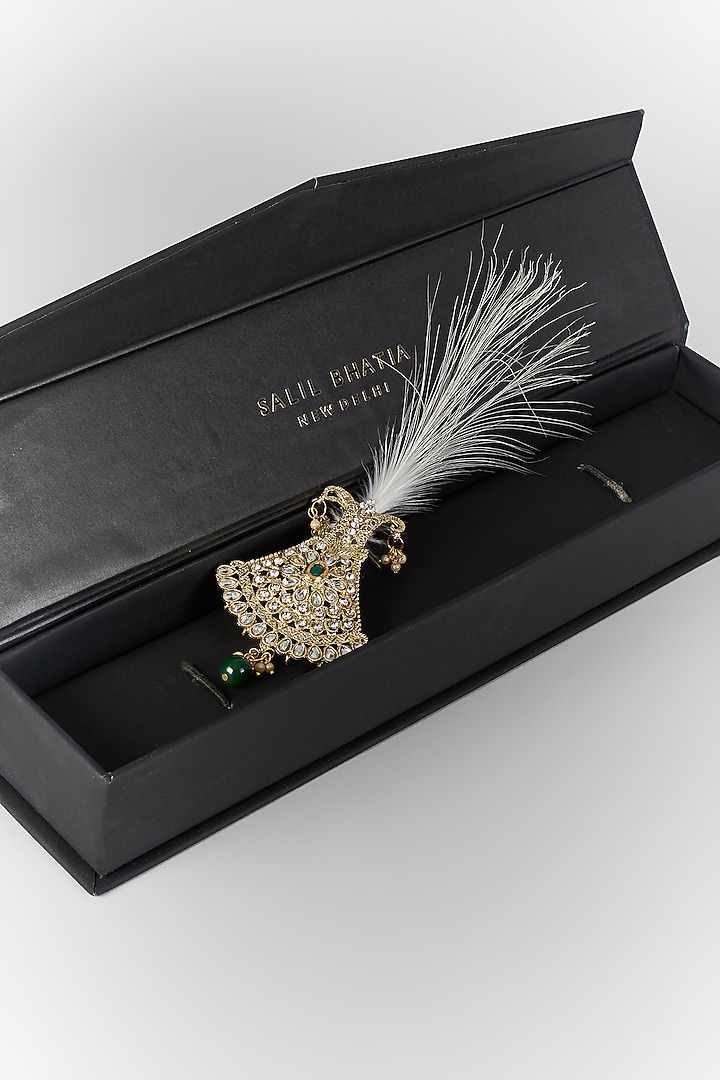 Soft Gold Semi-Precious Kundan & Pearl Feather Kalangi by SALIL BHATIA at Pernia's Pop Up Shop