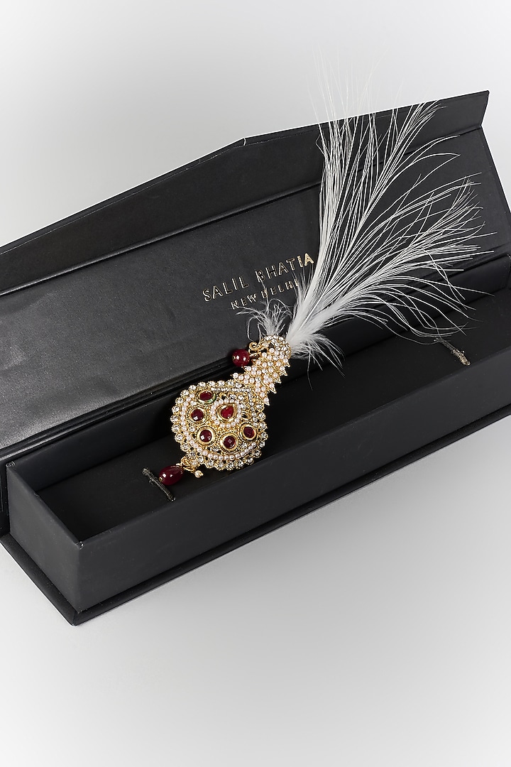 Soft Gold Semi-Precious Kundan & Pearl Feather Kalangi by SALIL BHATIA at Pernia's Pop Up Shop