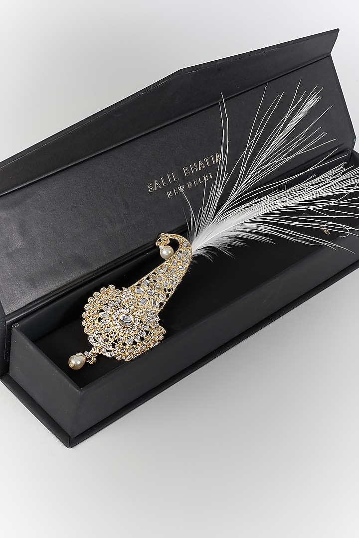 Soft Gold Semi-Precious Kundan & Pearl Feather Kalangi by SALIL BHATIA at Pernia's Pop Up Shop