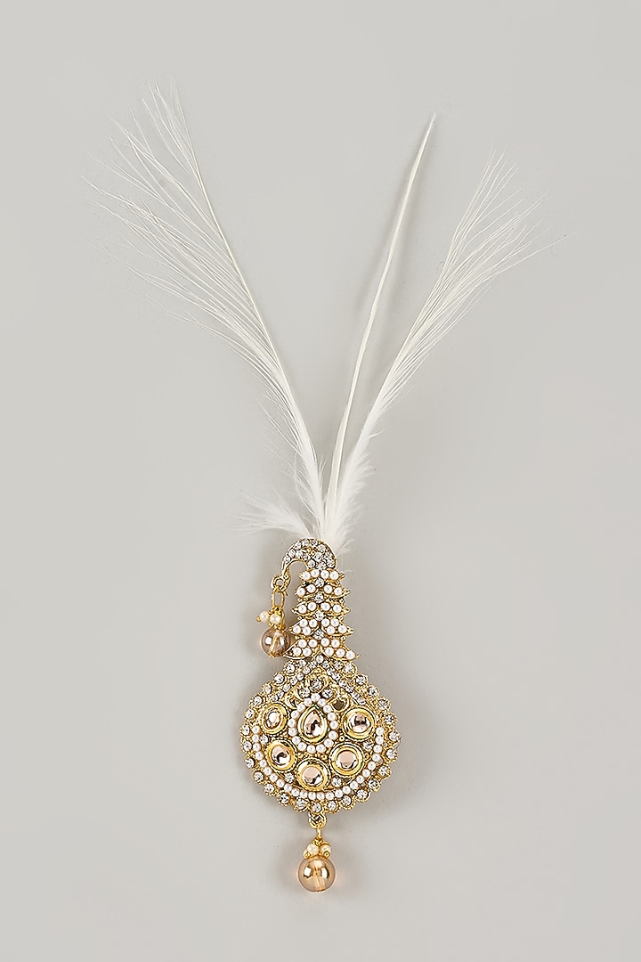 Soft Gold Semi-Precious Kundan & Pearl Feather Kalangi by SALIL BHATIA at Pernia's Pop Up Shop
