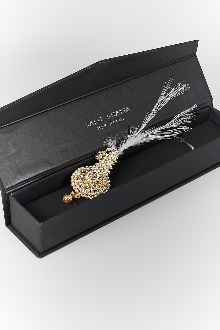 Soft Gold Semi-Precious Kundan & Pearl Feather Kalangi by SALIL BHATIA at Pernia's Pop Up Shop