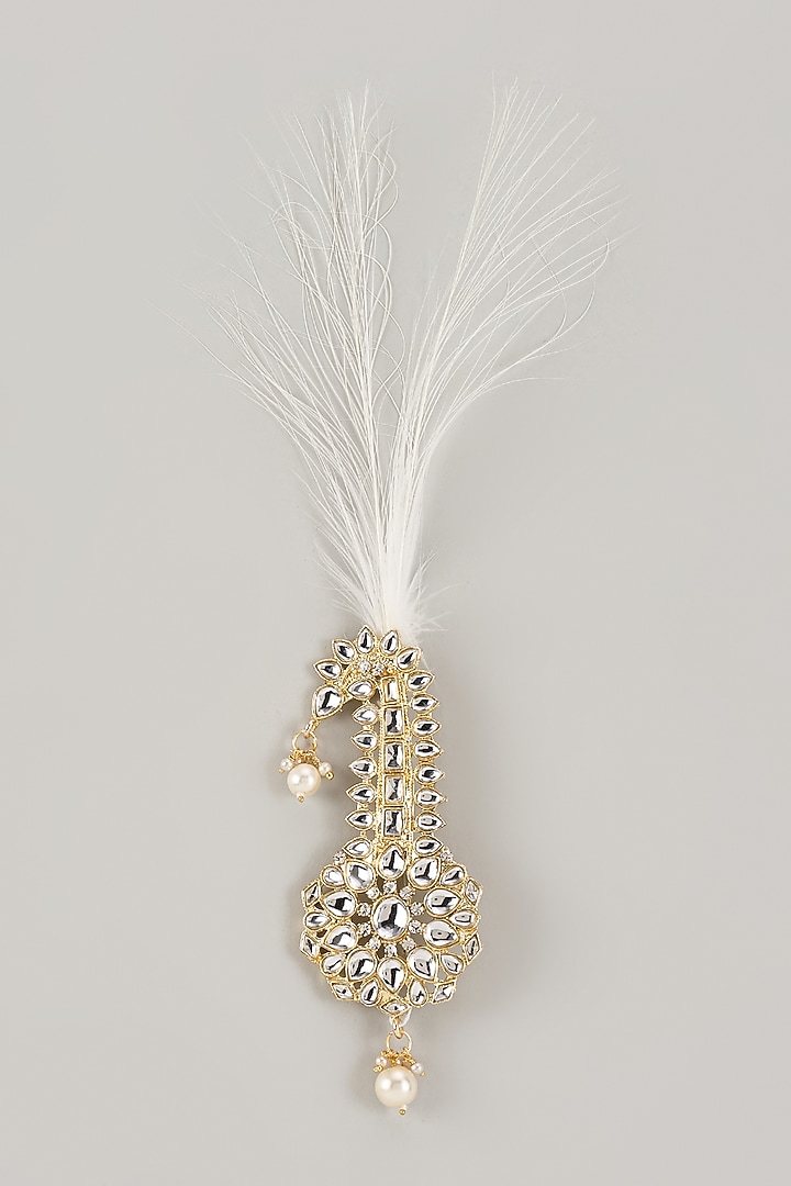Soft Gold Semi-Precious Kundan & Pearl Feather Kalangi by SALIL BHATIA at Pernia's Pop Up Shop