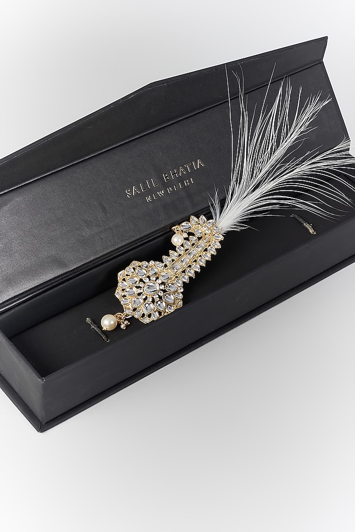 Soft Gold Semi-Precious Kundan & Pearl Feather Kalangi by SALIL BHATIA at Pernia's Pop Up Shop