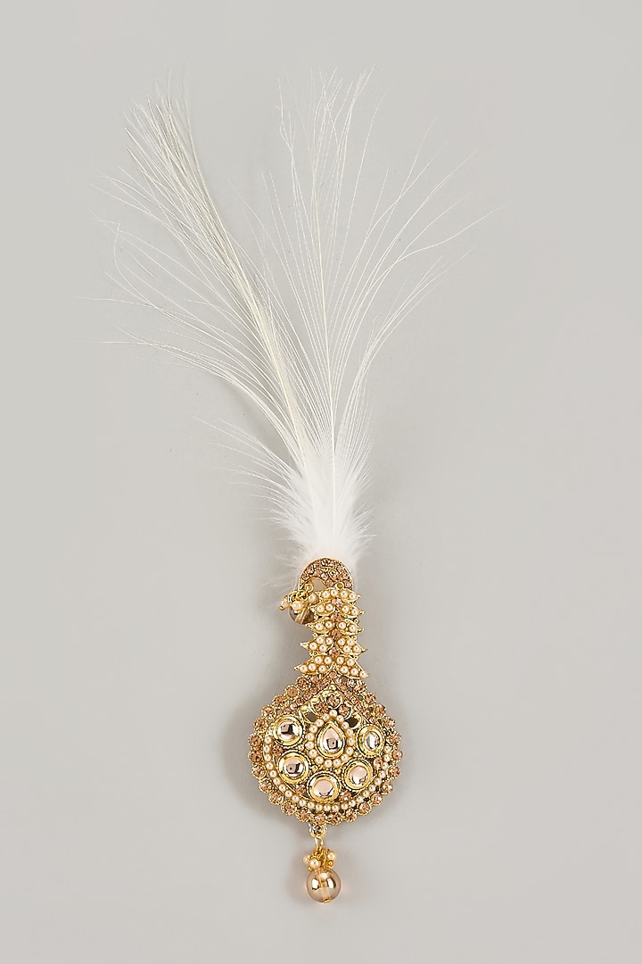 Soft Gold Semi-Precious Kundan & Pearl Feather Kalangi by SALIL BHATIA at Pernia's Pop Up Shop