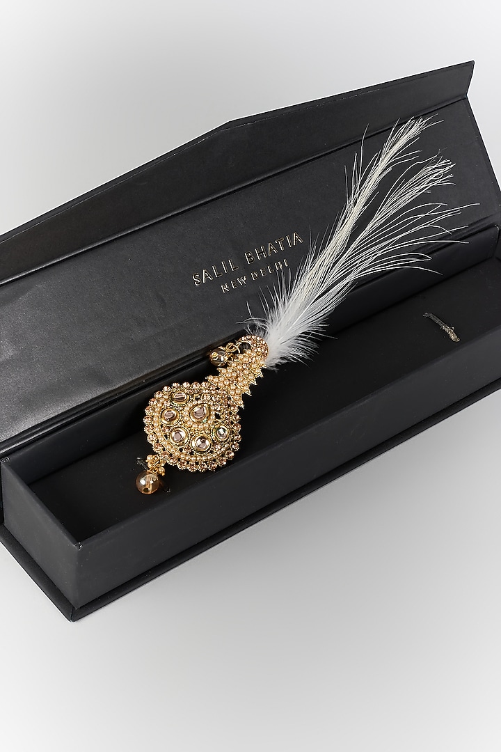 Soft Gold Semi-Precious Kundan & Pearl Feather Kalangi by SALIL BHATIA at Pernia's Pop Up Shop