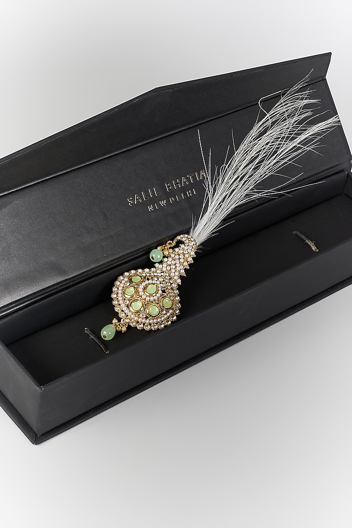 Soft Gold Semi-Precious Kundan & Pearl Feather Kalangi by SALIL BHATIA at Pernia's Pop Up Shop