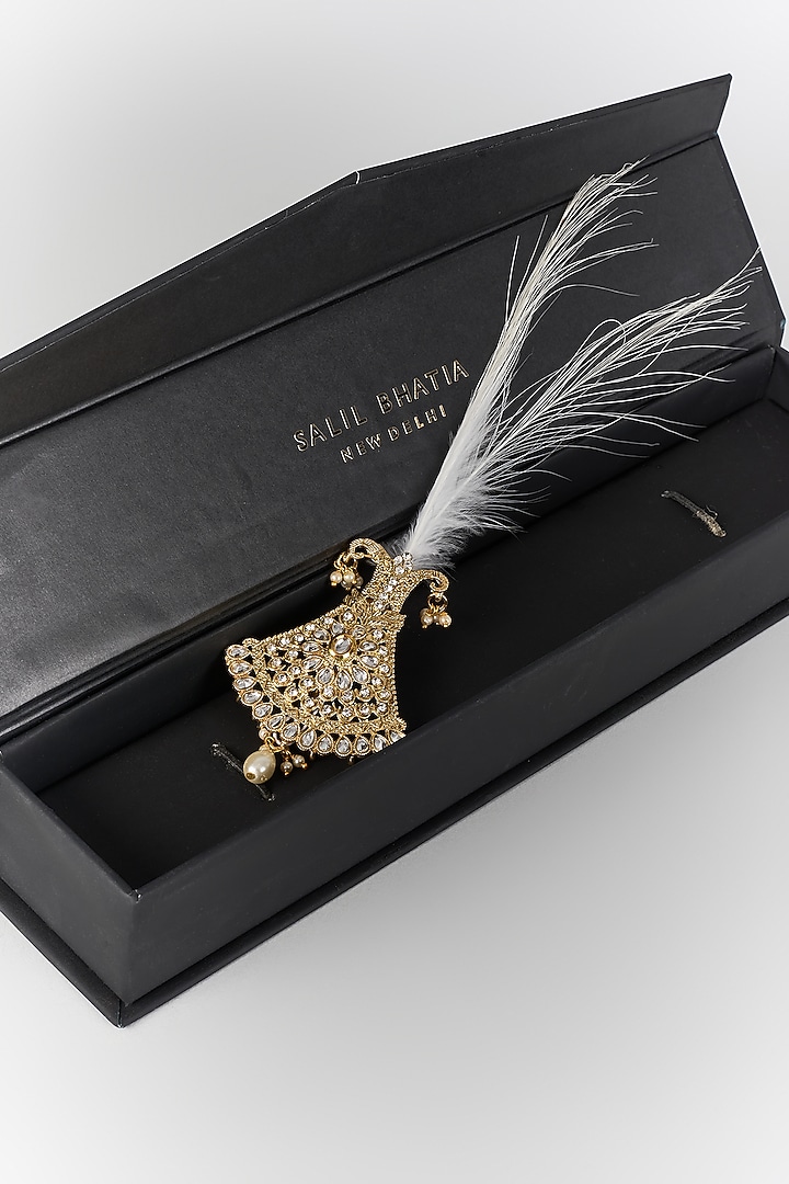 Soft Gold Semi-Precious Kundan & Pearl Feather Kalangi by SALIL BHATIA at Pernia's Pop Up Shop