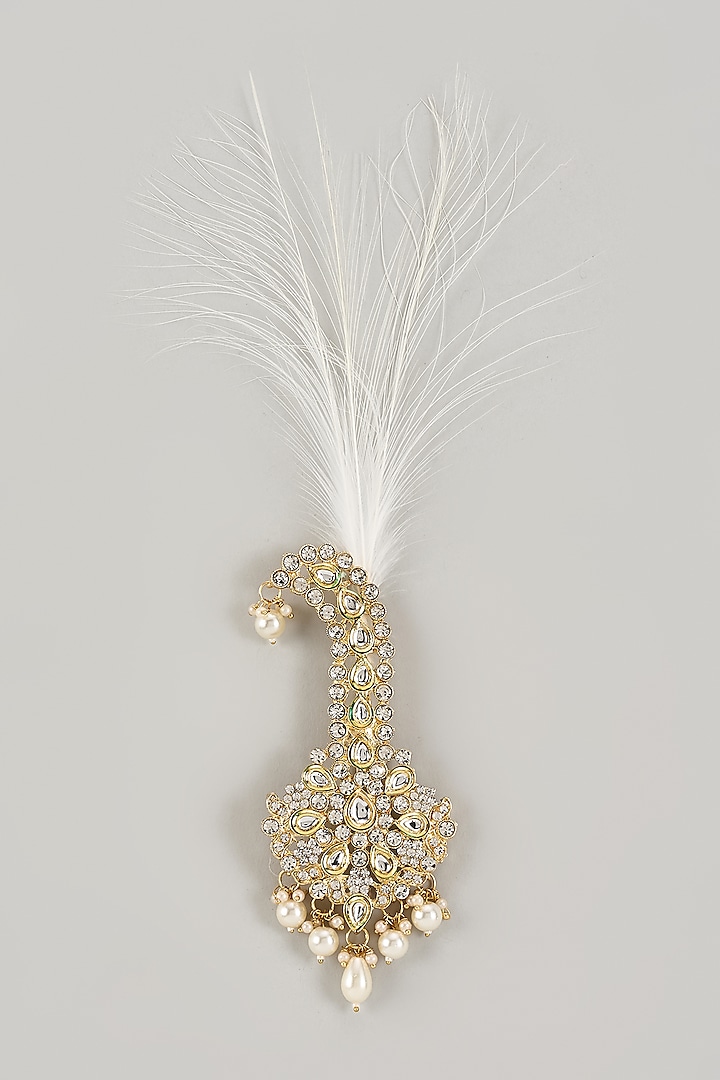 Soft Gold Semi-Precious Kundan & Pearl Feather Kalangi by SALIL BHATIA at Pernia's Pop Up Shop