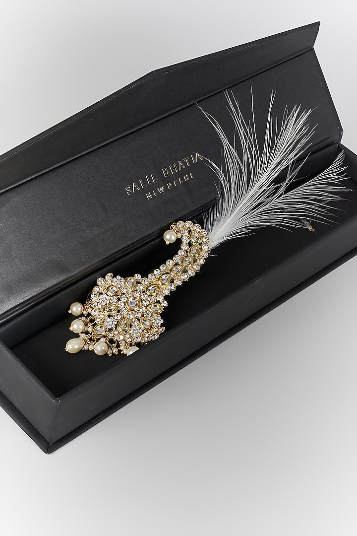 Soft Gold Semi-Precious Kundan & Pearl Feather Kalangi by SALIL BHATIA at Pernia's Pop Up Shop