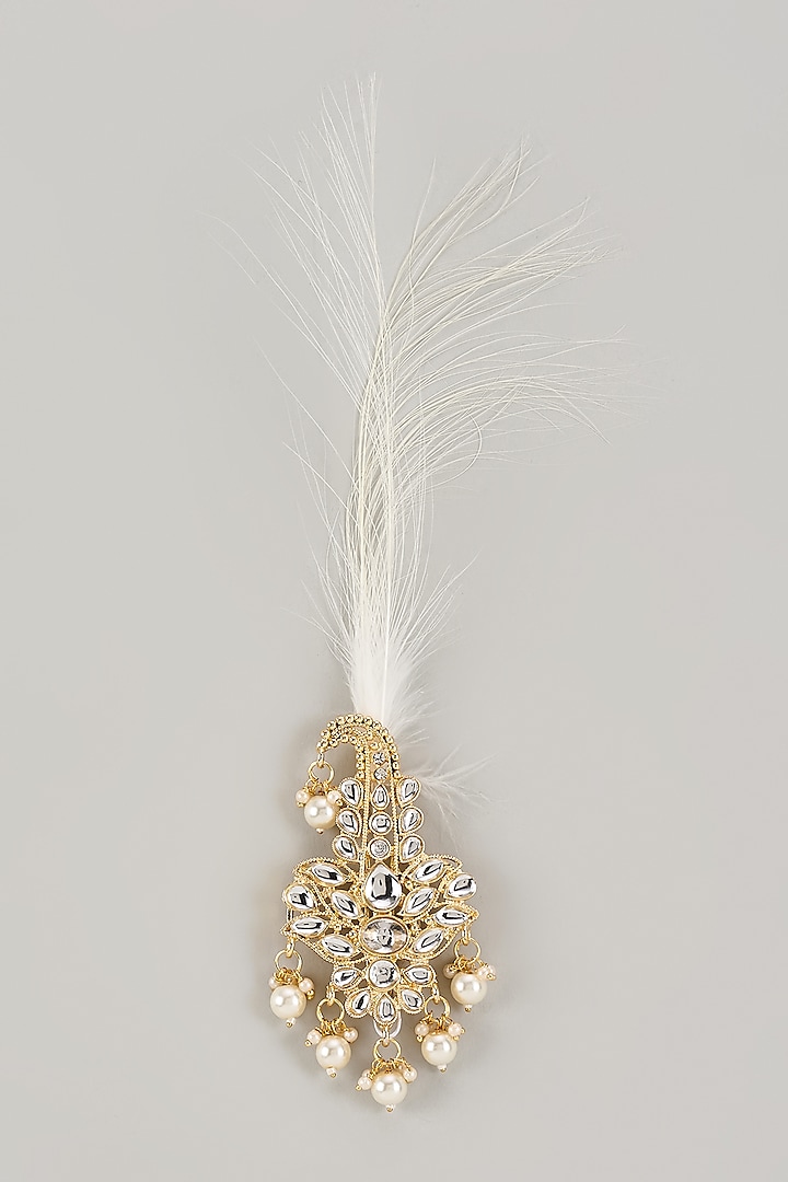 Soft Gold Semi-Precious Kundan & Pearl Feather Kalangi by SALIL BHATIA at Pernia's Pop Up Shop