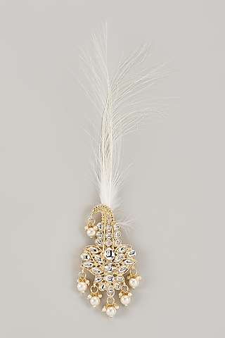 Soft Gold Semi-Precious Kundan & Pearl Feather Kalangi by SALIL BHATIA