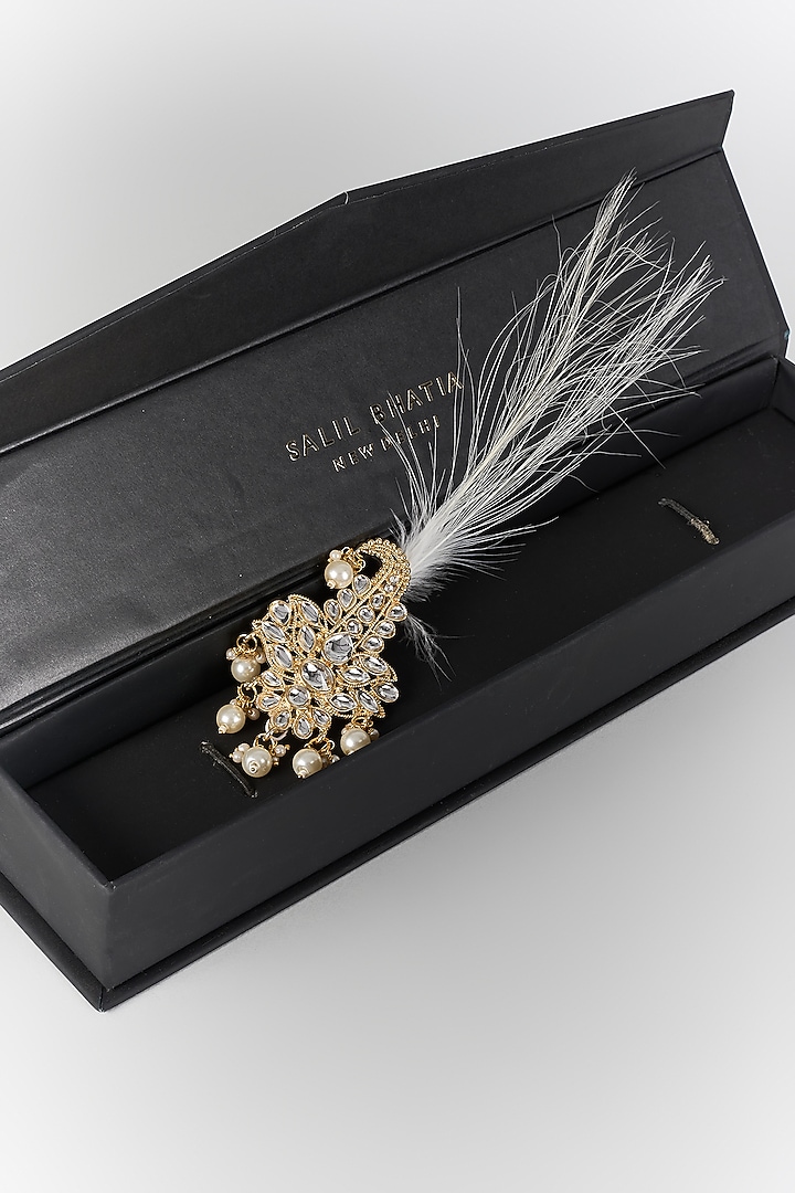 Soft Gold Semi-Precious Kundan & Pearl Feather Kalangi by SALIL BHATIA at Pernia's Pop Up Shop