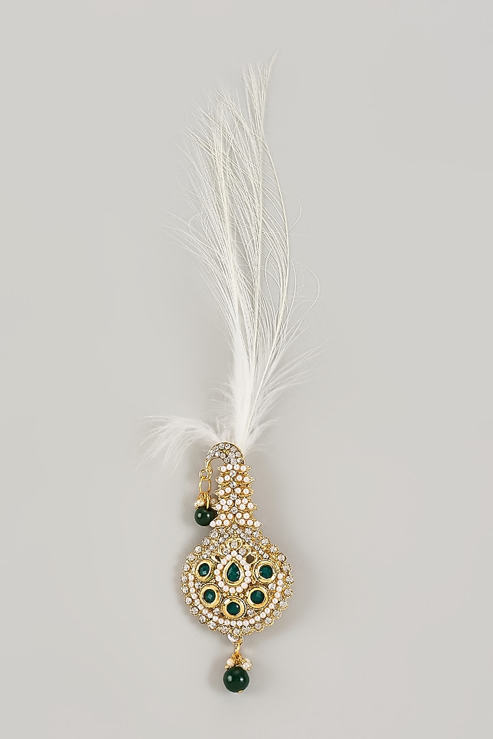 Soft Gold Semi-Precious Kundan & Pearl Feather Kalangi by SALIL BHATIA at Pernia's Pop Up Shop