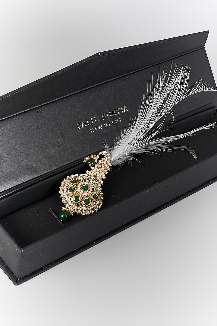 Soft Gold Semi-Precious Kundan & Pearl Feather Kalangi by SALIL BHATIA at Pernia's Pop Up Shop