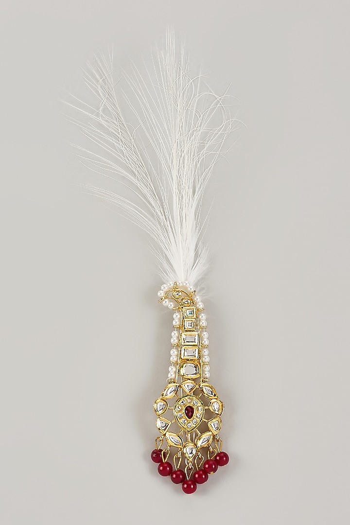 Soft Gold Semi-Precious Kundan & Pearl Feather Kalangi by SALIL BHATIA at Pernia's Pop Up Shop