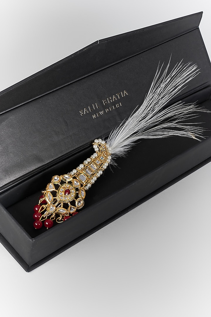 Soft Gold Semi-Precious Kundan & Pearl Feather Kalangi by SALIL BHATIA at Pernia's Pop Up Shop