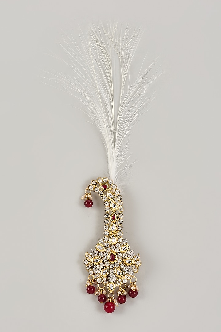 Soft Gold Semi-Precious Kundan & Pearl Feather Kalangi by SALIL BHATIA at Pernia's Pop Up Shop
