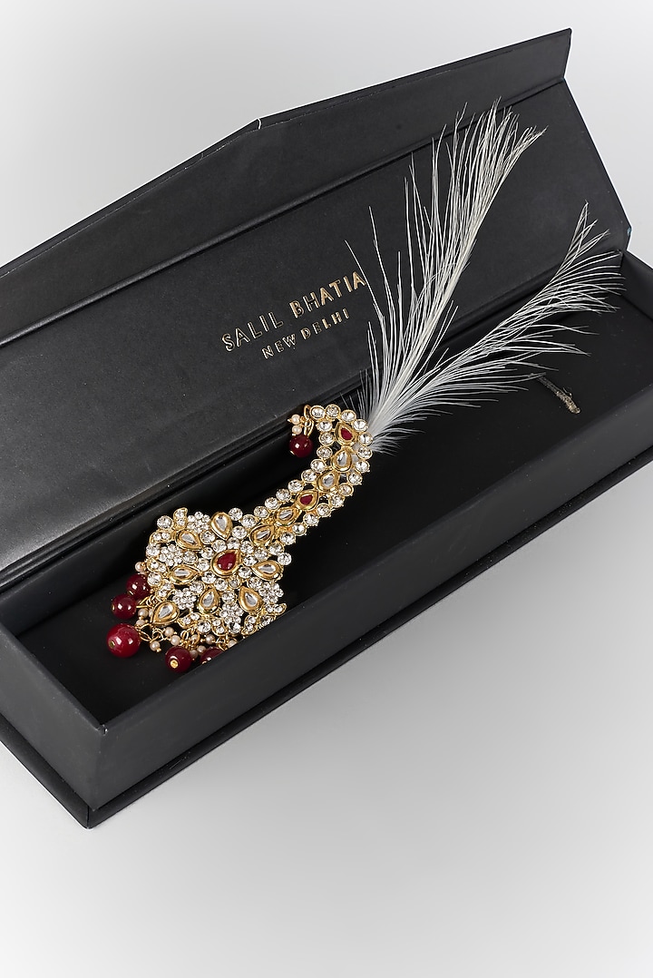 Soft Gold Semi-Precious Kundan & Pearl Feather Kalangi by SALIL BHATIA at Pernia's Pop Up Shop