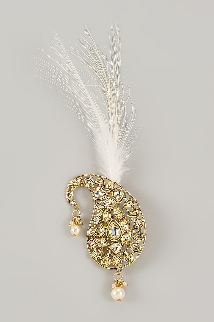Soft Gold Semi-Precious Kundan & Pearl Feather Kalangi by SALIL BHATIA at Pernia's Pop Up Shop