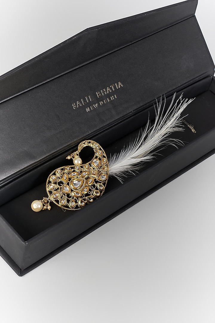Soft Gold Semi-Precious Kundan & Pearl Feather Kalangi by SALIL BHATIA at Pernia's Pop Up Shop