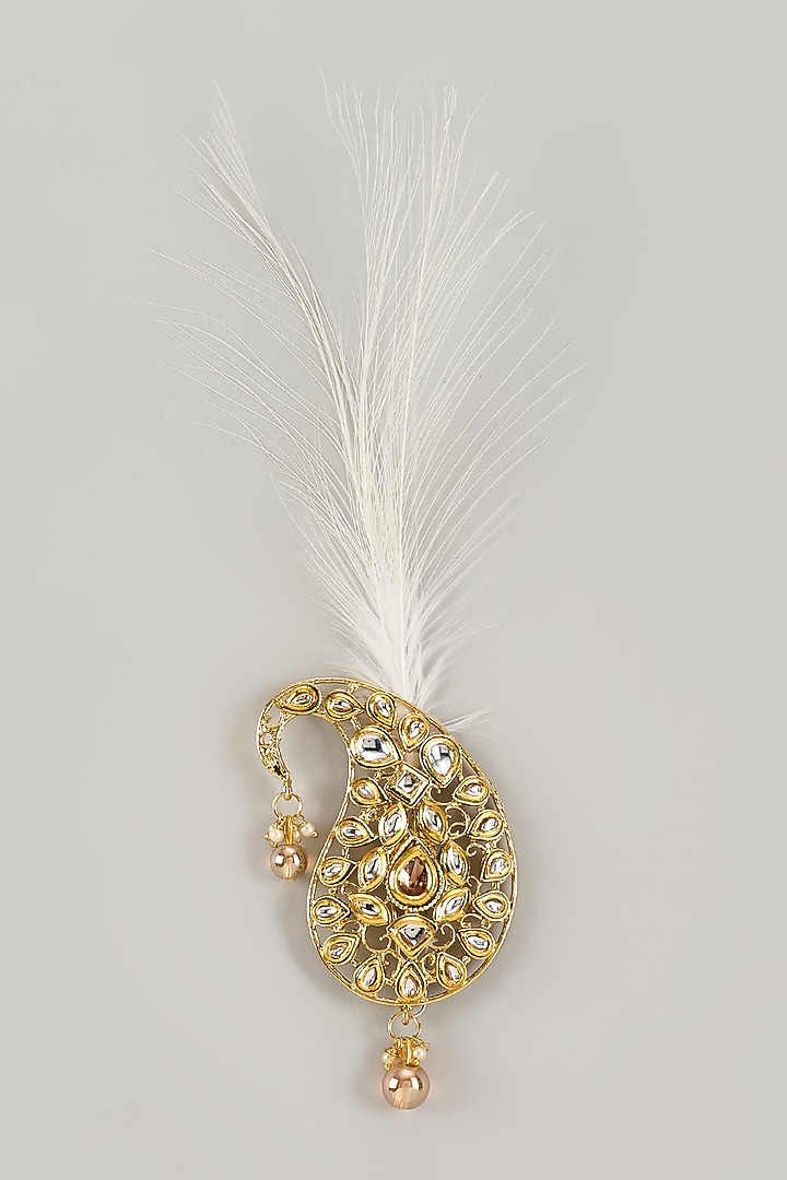Soft Gold Semi-Precious Kundan & Pearl Feather Kalangi by SALIL BHATIA at Pernia's Pop Up Shop