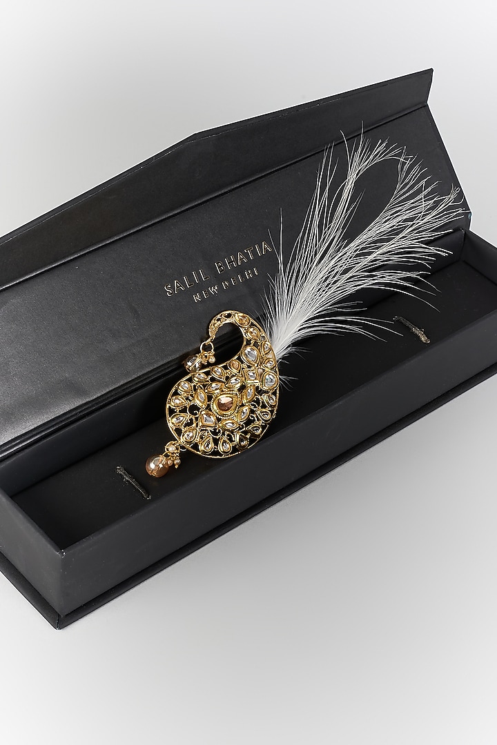 Soft Gold Semi-Precious Kundan & Pearl Feather Kalangi by SALIL BHATIA at Pernia's Pop Up Shop