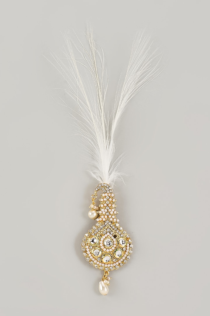 Soft Gold Semi-Precious Kundan & Pearl Feather Kalangi by SALIL BHATIA at Pernia's Pop Up Shop