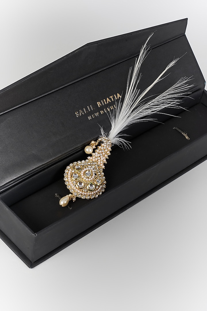 Soft Gold Semi-Precious Kundan & Pearl Feather Kalangi by SALIL BHATIA at Pernia's Pop Up Shop