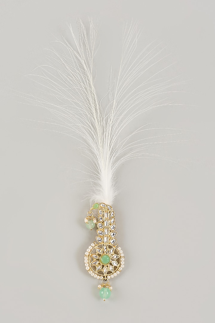 Soft Gold Semi-Precious Kundan & Pearl Feather Kalangi by SALIL BHATIA at Pernia's Pop Up Shop