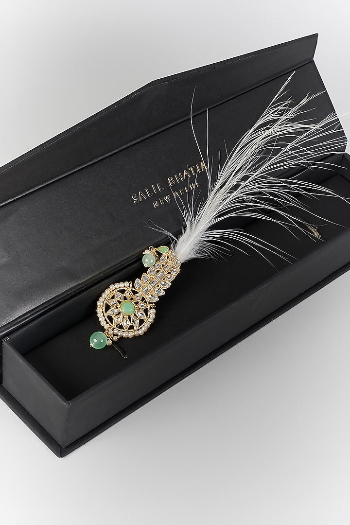 Soft Gold Semi-Precious Kundan & Pearl Feather Kalangi by SALIL BHATIA at Pernia's Pop Up Shop