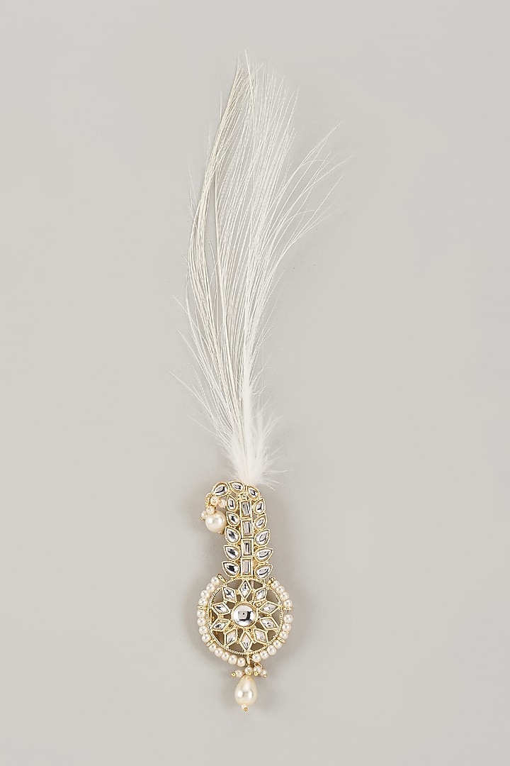 Soft Gold Semi-Precious Kundan & Pearl Feather Kalangi by SALIL BHATIA at Pernia's Pop Up Shop