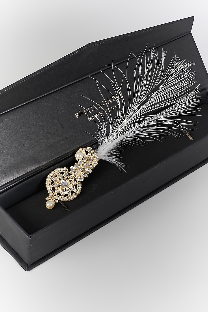 Soft Gold Semi-Precious Kundan & Pearl Feather Kalangi by SALIL BHATIA at Pernia's Pop Up Shop