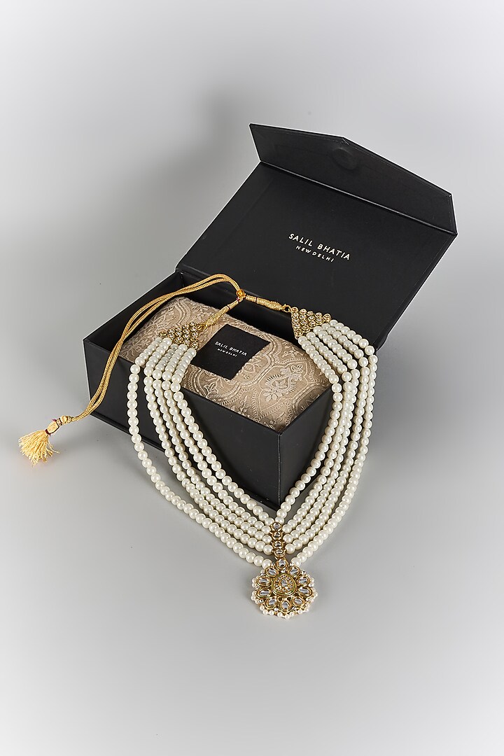 White Semi-Precious Pearl Handmade Layered Mala by SALIL BHATIA at Pernia's Pop Up Shop