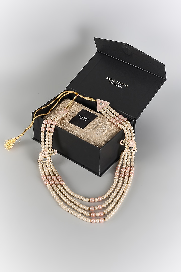 Ivory & Shell Pink Semi-Precious Pearl Layered Mala by SALIL BHATIA at Pernia's Pop Up Shop